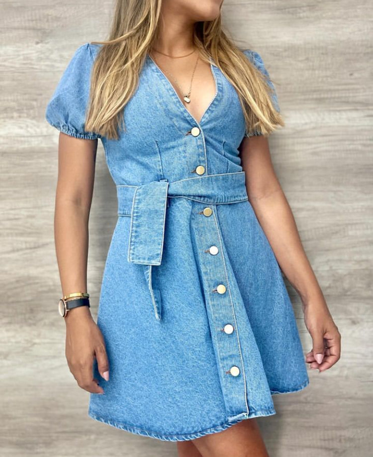 Vestido denim manga Puff